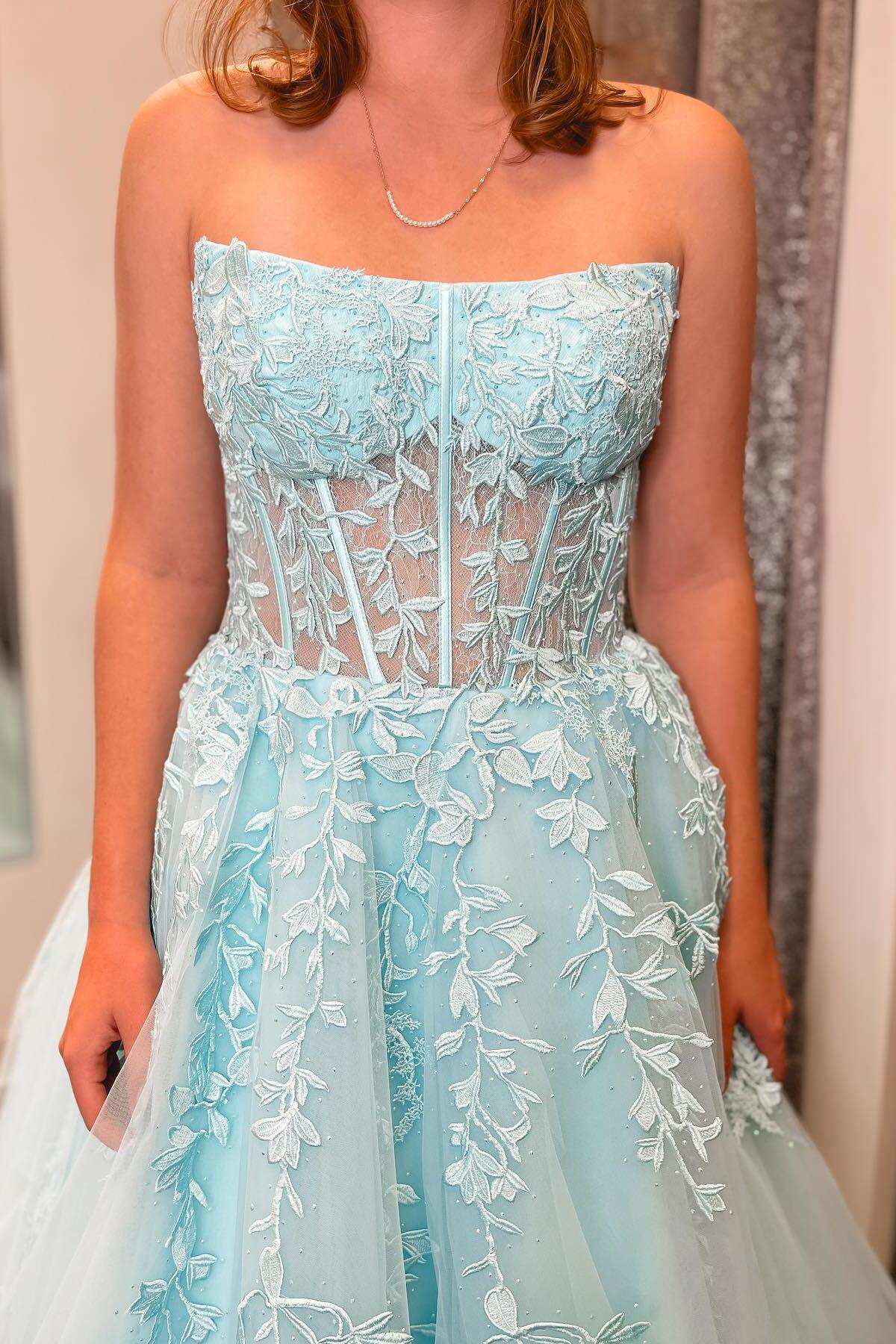 Formal Wear Dresses Strapless Sleeveless Light Blue Lace Appliques Long Formal Dress Prom Dress Stores With Prom Dresses