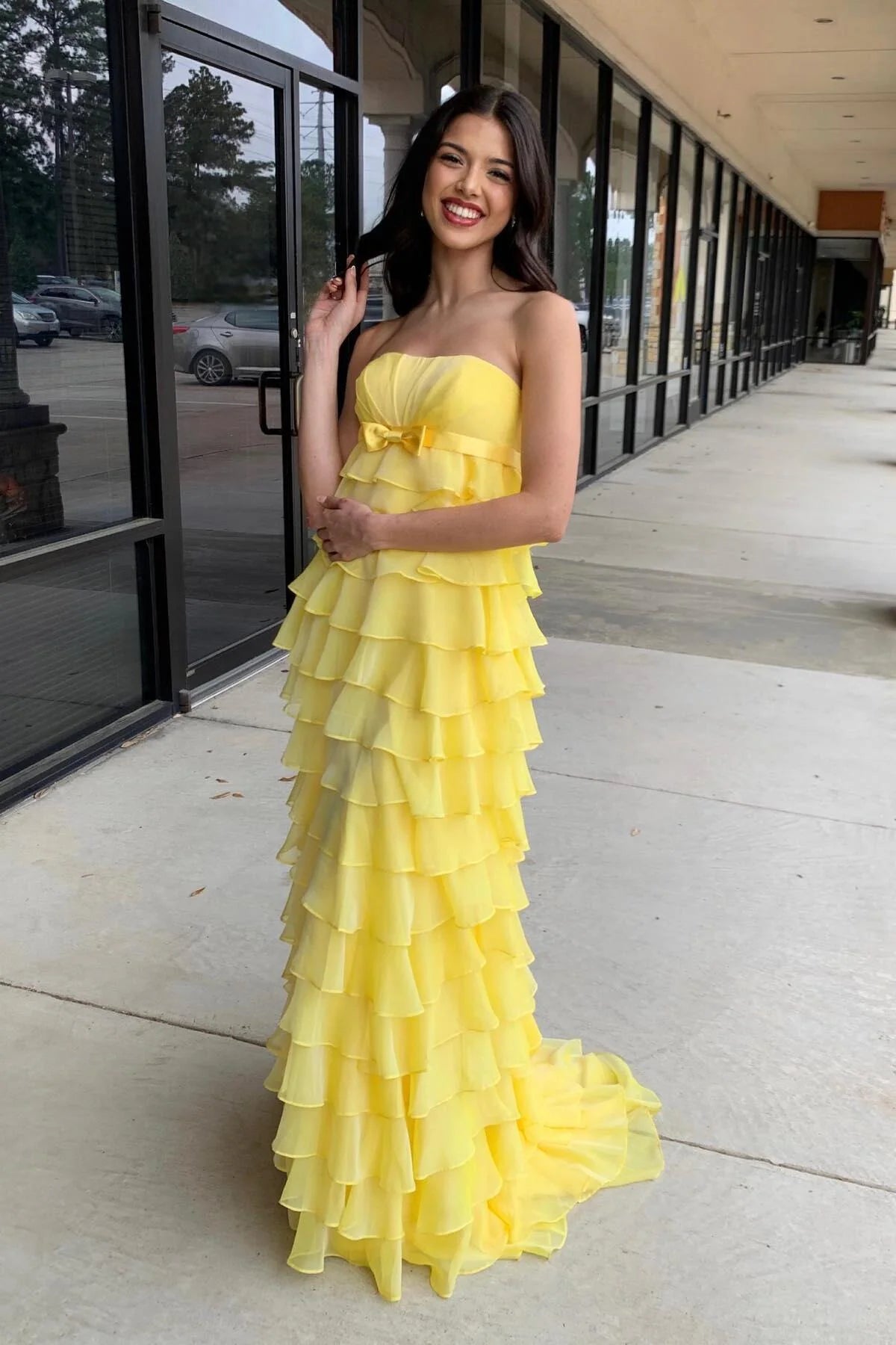 Formal Wear Dresses/Strapless Yellow Chiffon Tiered Ruffles Long Party Prom Dress