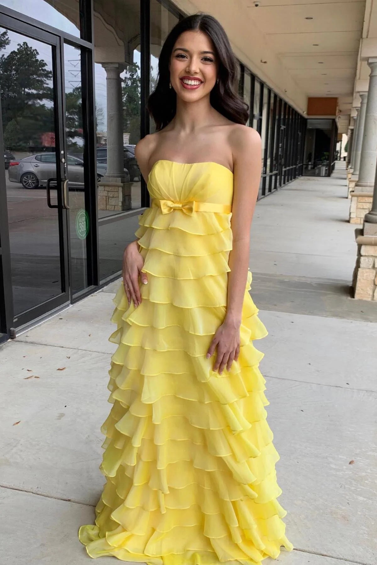 Formal Wear Dresses/Strapless Yellow Chiffon Tiered Ruffles Long Party Prom Dress