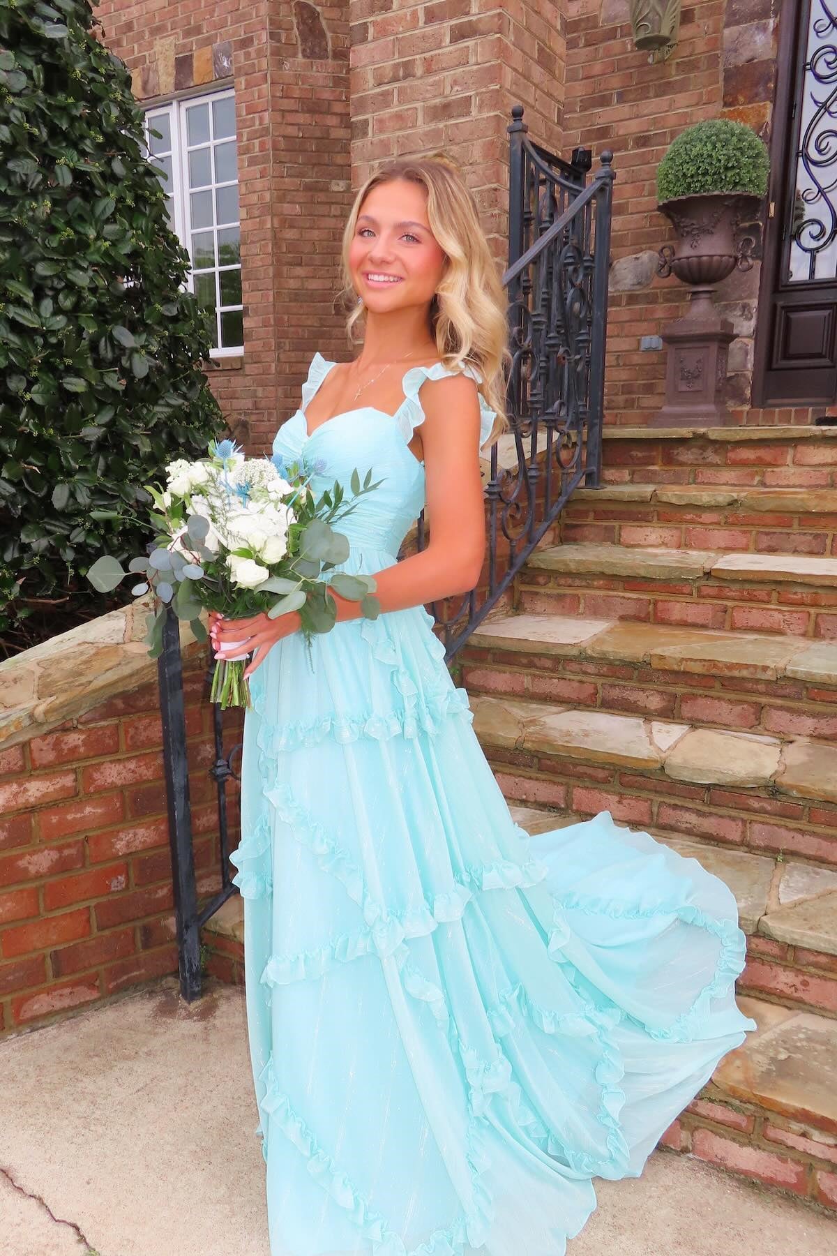 Formal Wear Dresses/Straps Light Blue Chiffon Ruffles Long Prom Dress