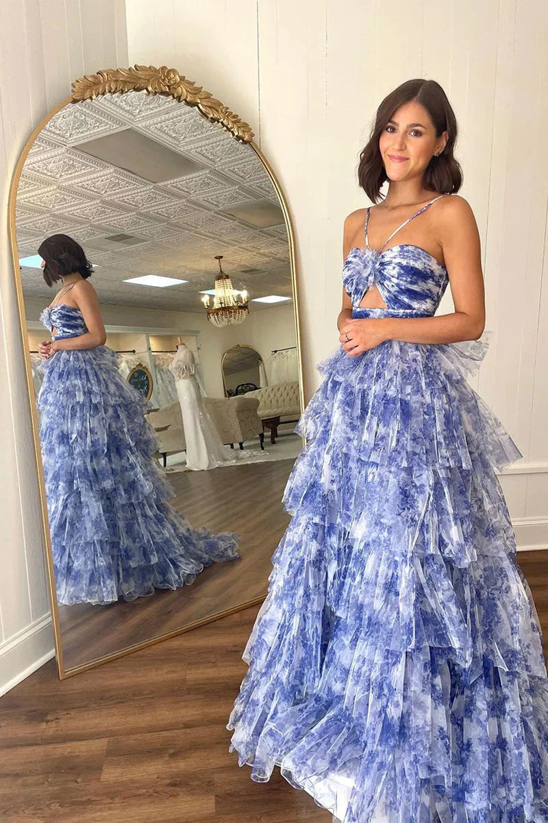 Formal Wear Dresses/Sweet Ball Gown Straps Lavender Floral Printed Tulle Long Prom Dresses/Prom Dress Shop