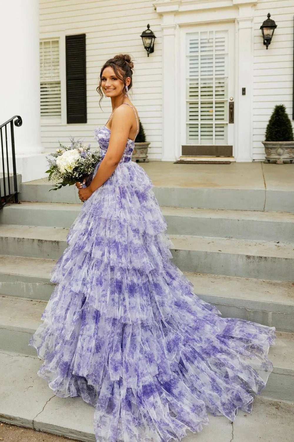 Formal Wear Dresses/Sweet Ball Gown Straps Lavender Floral Printed Tulle Long Prom Dresses/Prom Dress Shop