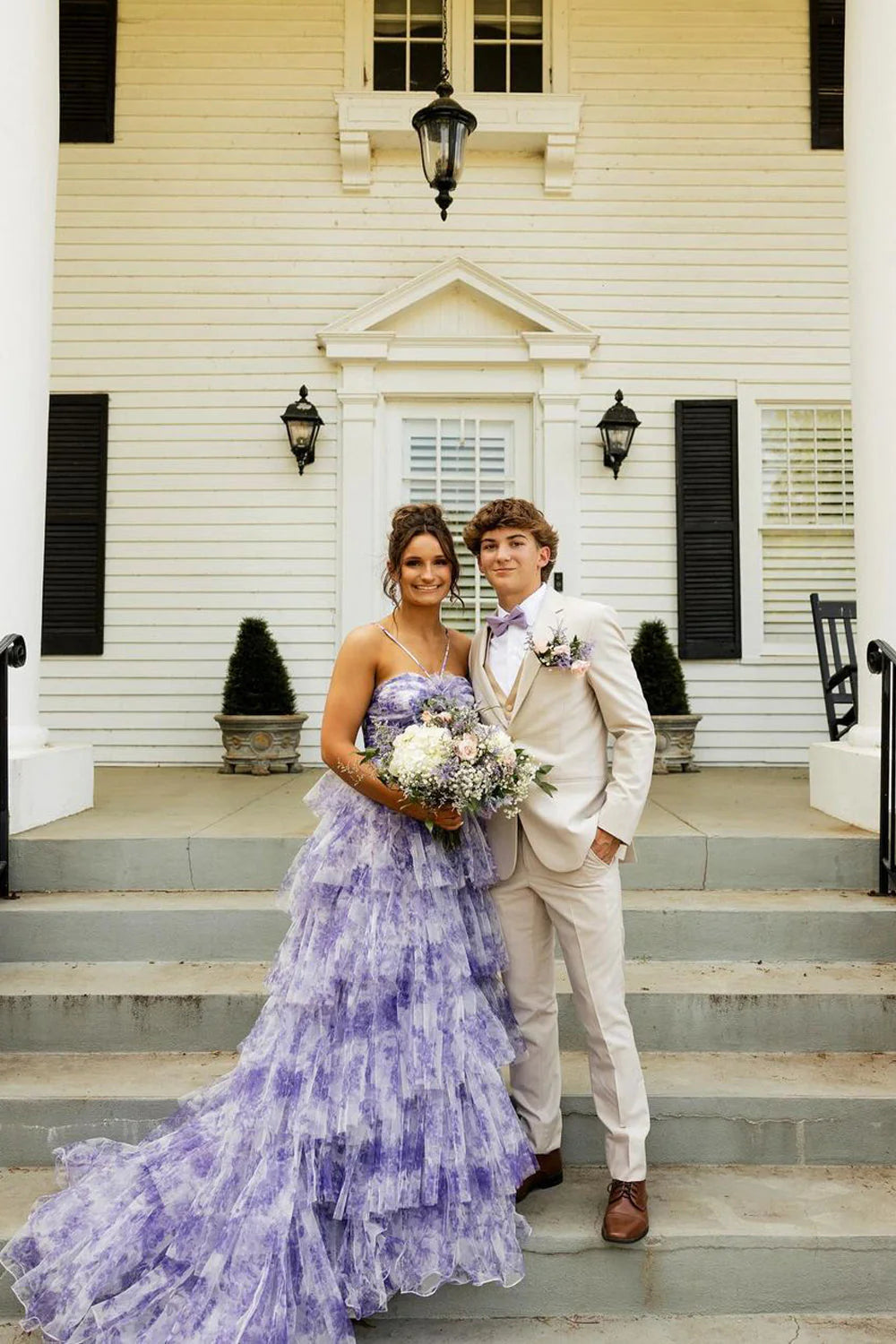 Formal Wear Dresses/Sweet Ball Gown Straps Lavender Floral Printed Tulle Long Prom Dresses/Prom Dress Shop
