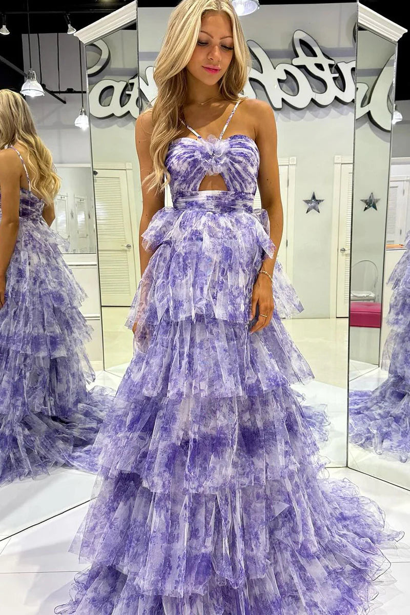 Formal Wear Dresses/Sweet Ball Gown Straps Lavender Floral Printed Tulle Long Prom Dresses/Prom Dress Shop