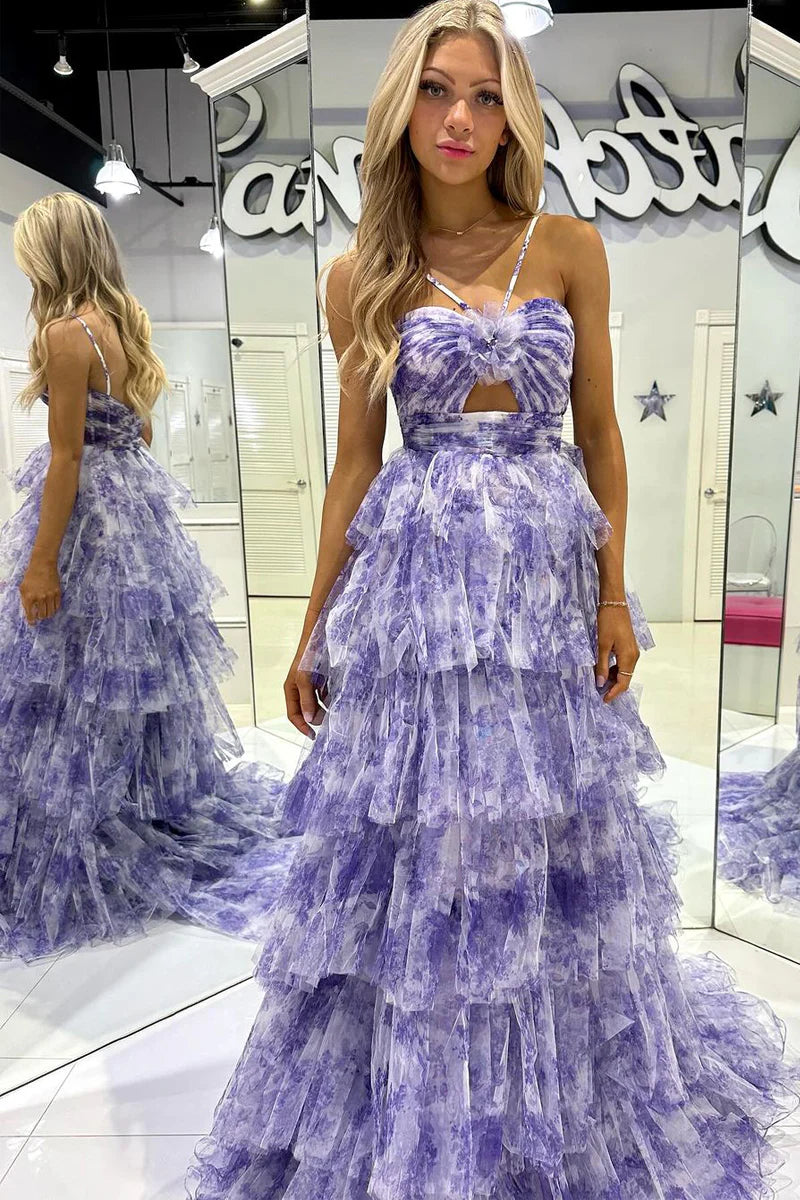 Formal Wear Dresses/Sweet Ball Gown Straps Lavender Floral Printed Tulle Long Prom Dresses/Prom Dress Shop