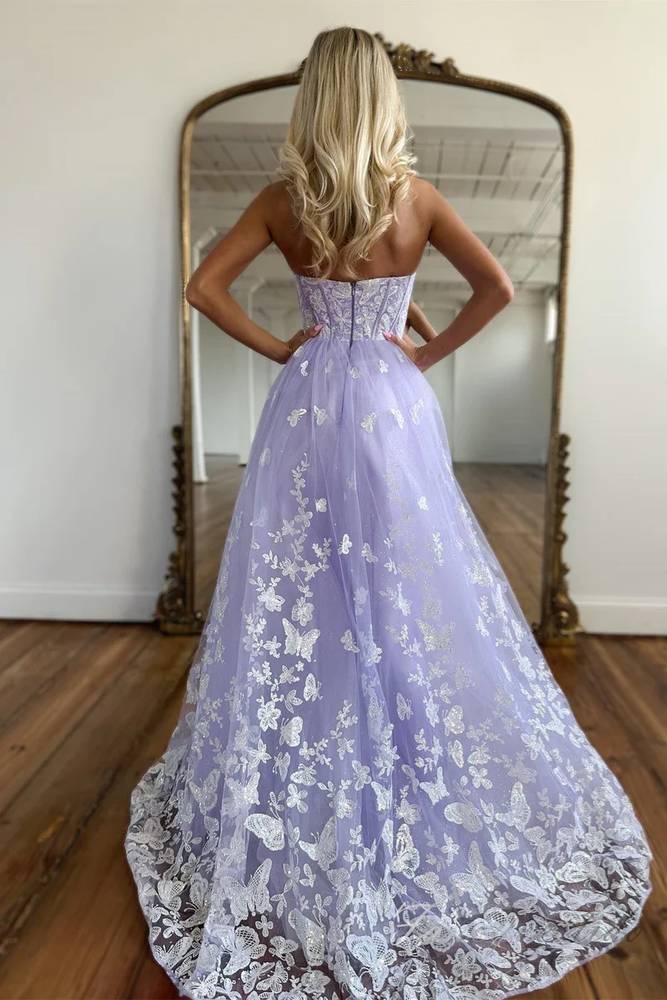 Robe de soirée/Robe de bal trapèze à appliqués lavande avec papillon 