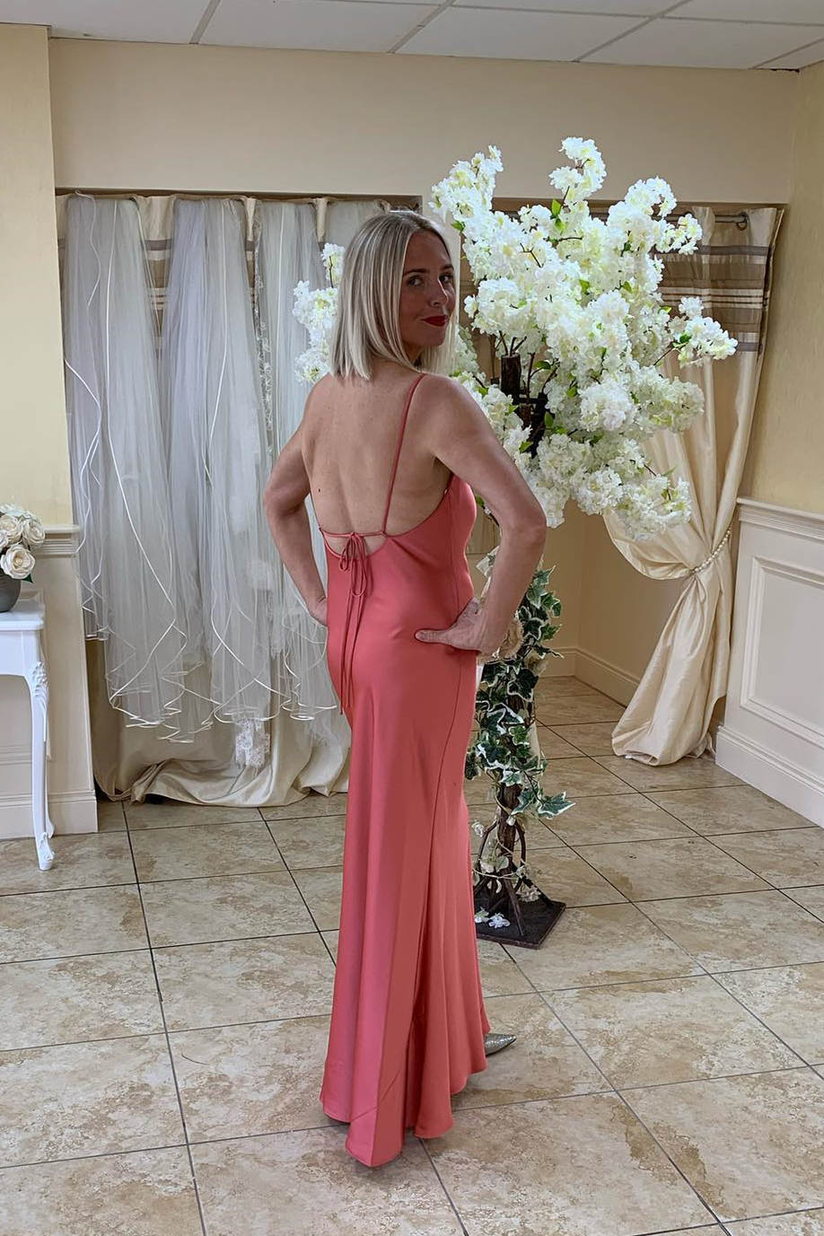 Formal Wear Dresses/Tie Back Cowl Neck Long Coral Bridesmaid Dress