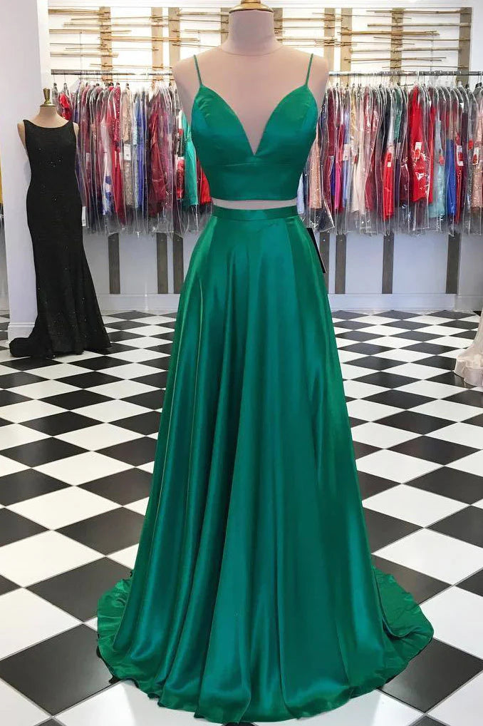 Robe de soirée/Robe de bal verte deux pièces coupe trapèze avec nœud dans le dos 