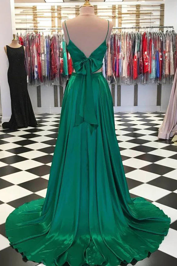 Robe de soirée/Robe de bal verte deux pièces coupe trapèze avec nœud dans le dos 