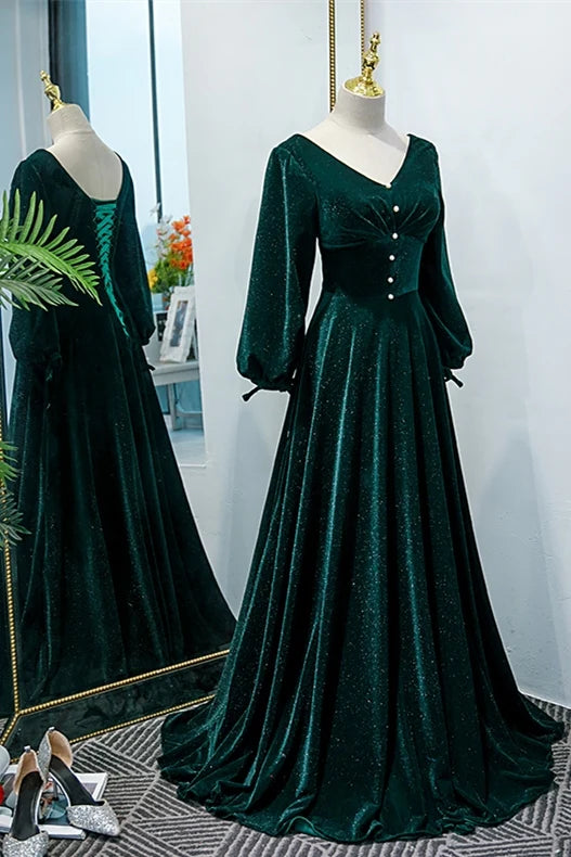 Formal Wear Dresses V Neck Long Sleeves Green Velvet Long Formal Dress Prom Dress Stores With Prom Dresses