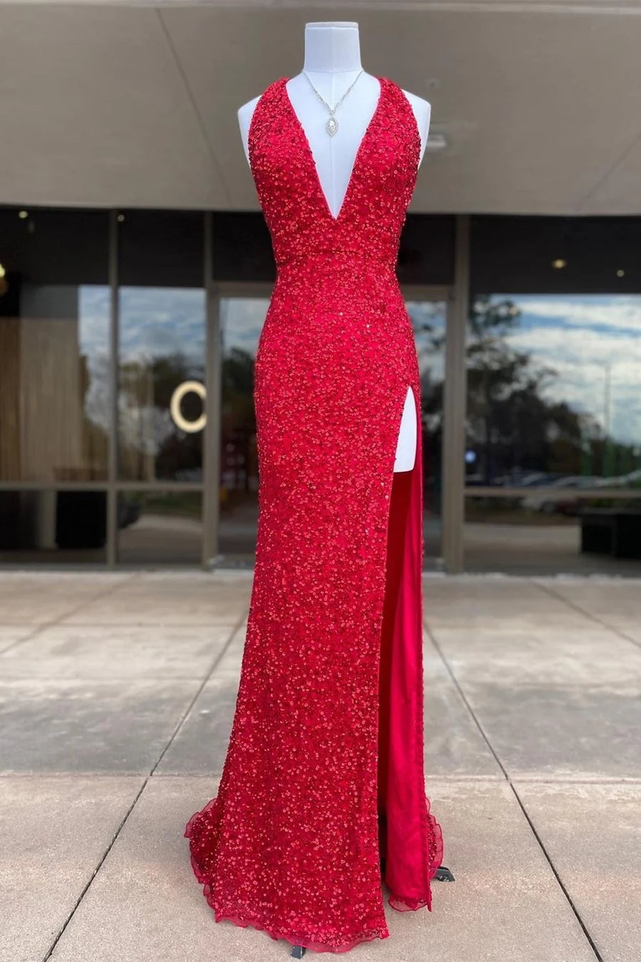 Formal Wear Dresses V Neck Sleeveless Backless Halter Red Sequin Mermaid Side Slit Prom Dress Stores With Prom Dresses