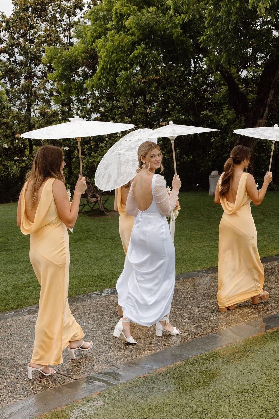 Formal Wear Dresses/V Neck Yellow Soft Satin Long Bridesmaid Dress