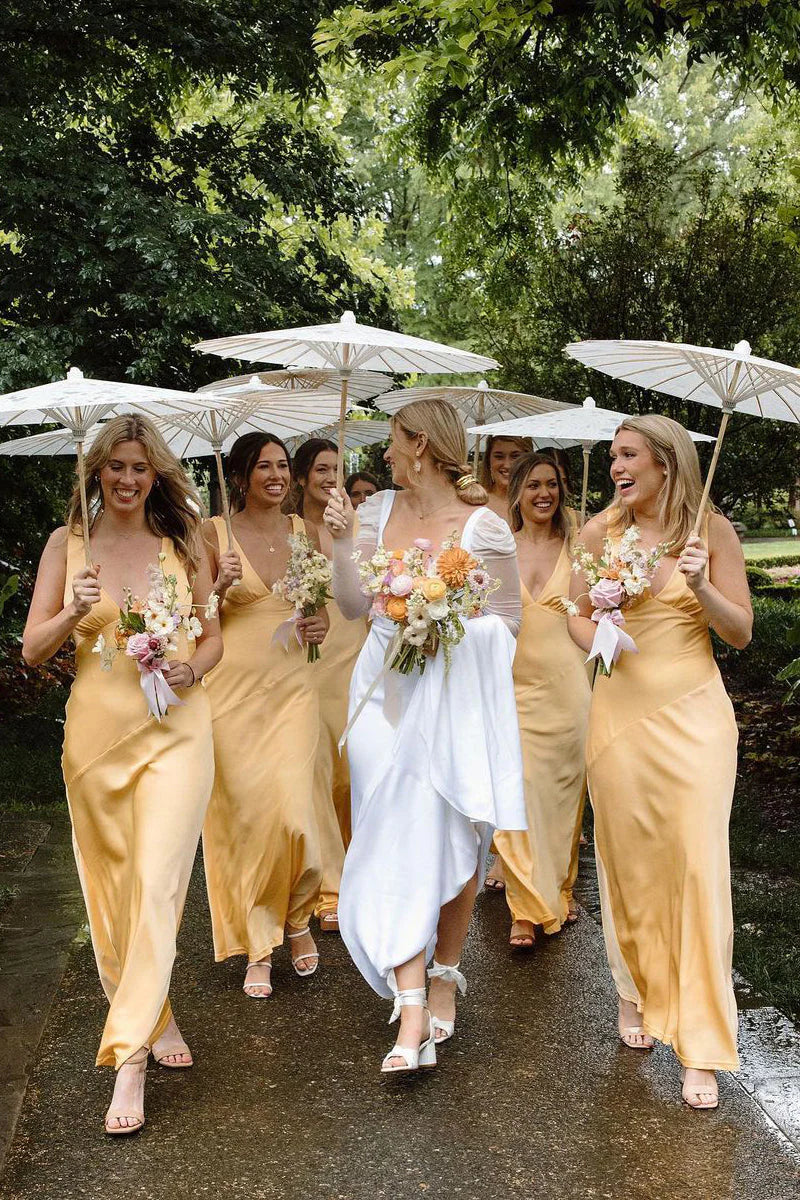 Formal Wear Dresses/V Neck Yellow Soft Satin Long Bridesmaid Dress
