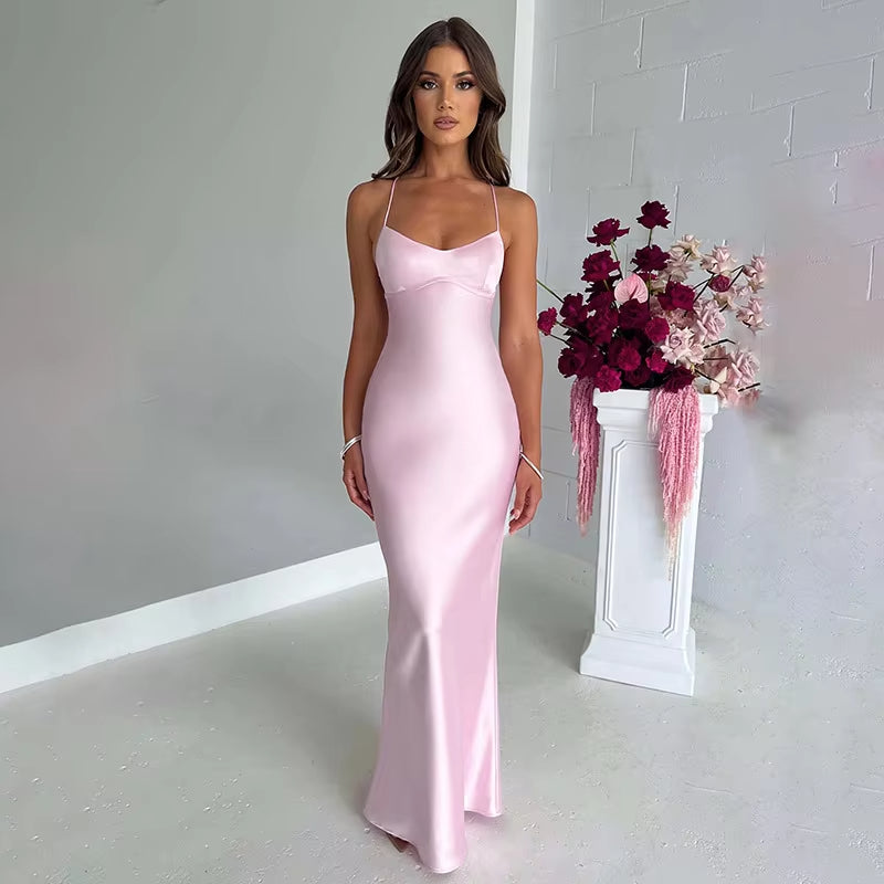 Robes de soirée/Robe sexy dos nu en satin à bretelles spaghetti pour femme, tenue de soirée élégante et moulante, idéale pour une soirée ou un bal de promo 