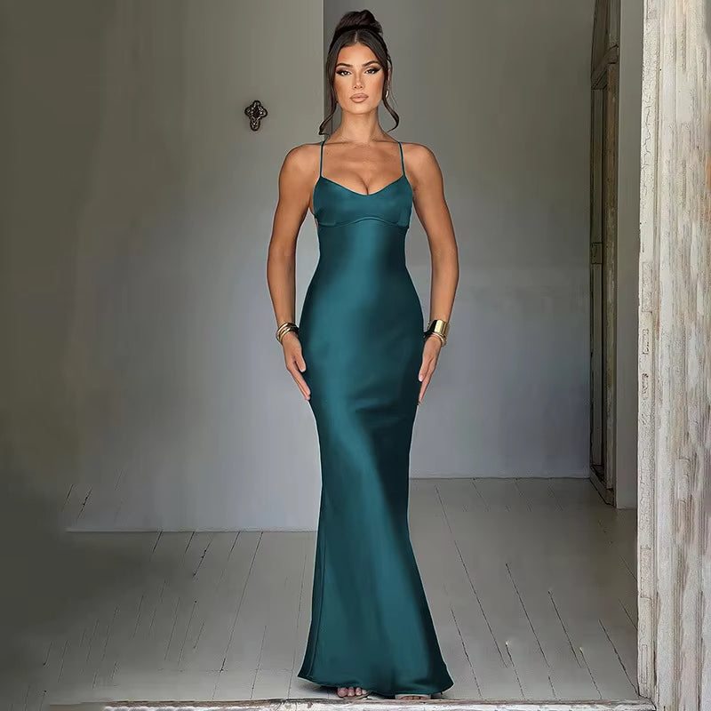 Robes de soirée/Robe sexy dos nu en satin à bretelles spaghetti pour femme, tenue de soirée élégante et moulante, idéale pour une soirée ou un bal de promo 