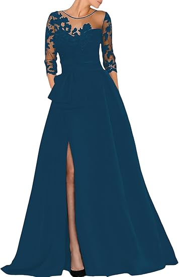 Vestido formal Weitese para mujer, elegante vestido de novia de corte A, con cola, escote joya, manga 34, vestido de noche con apliques de cuentas y abertura, vestido de fiesta, tiendas de vestidos de graduación. 