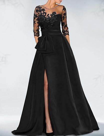 Weitese Dress Formal Women's Dresses A-Line Elegant Wedding Guest Dress Court Train Jewel Neck 34 Sleeve Evening Dress with Beading Slit Appliques Party dress Prom Dress Stores