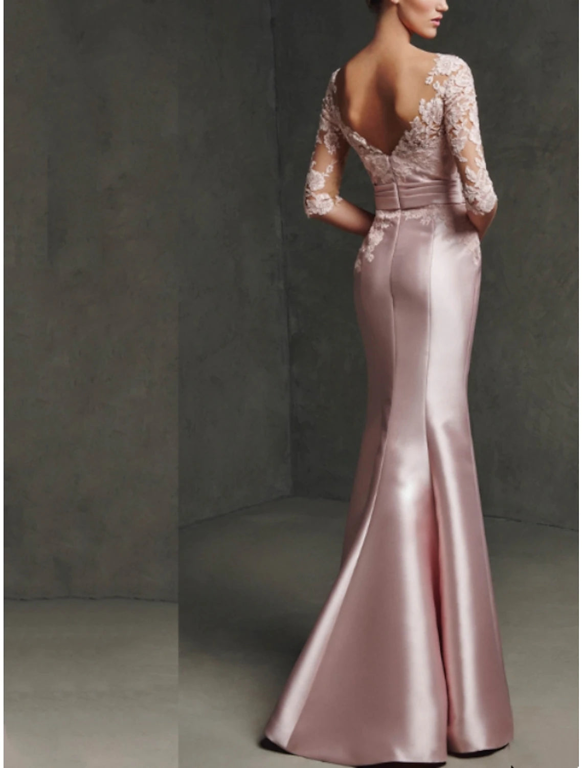 Formal Women's Dresses Mermaid Mother of the Bride Dress Formal Evening Elegant Party Scoop Neck Floor Length Satin Lace 3/4 Length Sleeve with Pleats Split Front Mother of the Bride Dress