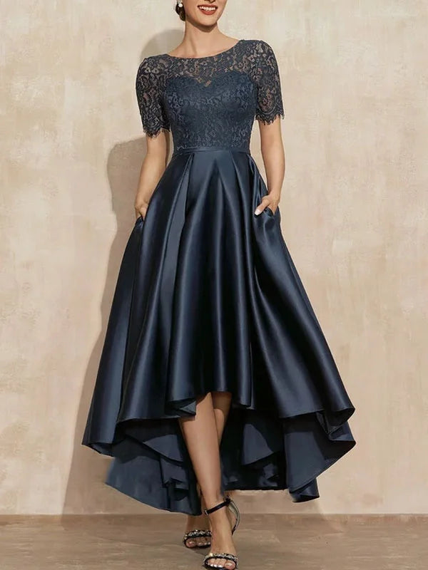 Formal Women's Dresses A-Line Scoop Neck Asymmetrical Satin Lace Mother of the Bride Dress With Pockets Free Custom Size Mother of the Bride Dress