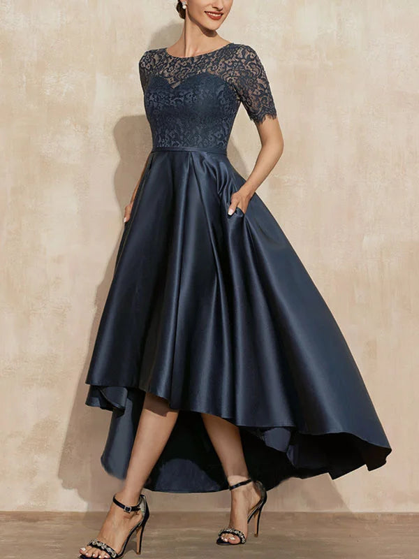 Formal Women's Dresses A-Line Scoop Neck Asymmetrical Satin Lace Mother of the Bride Dress With Pockets Free Custom Size Mother of the Bride Dress