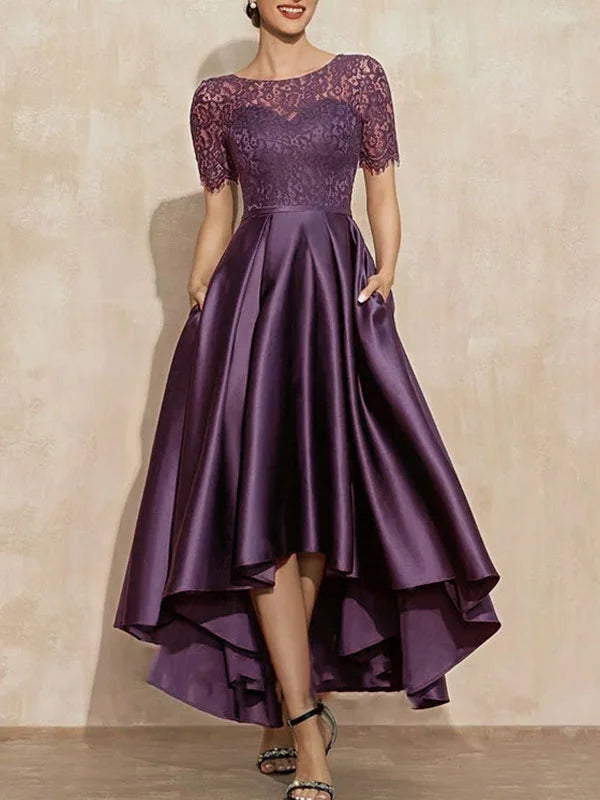 Formal Women's Dresses A-Line Scoop Neck Asymmetrical Satin Lace Mother of the Bride Dress With Pockets Free Custom Size Mother of the Bride Dress