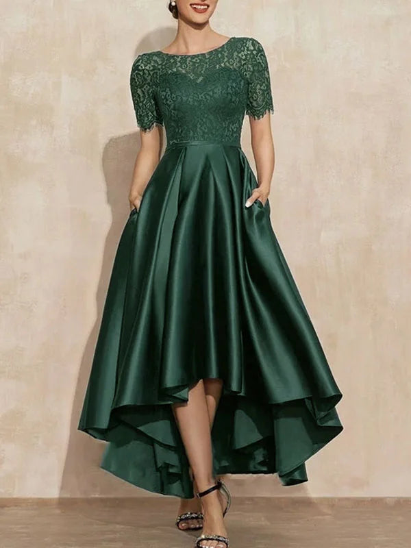 Formal Women's Dresses A-Line Scoop Neck Asymmetrical Satin Lace Mother of the Bride Dress With Pockets Free Custom Size Mother of the Bride Dress