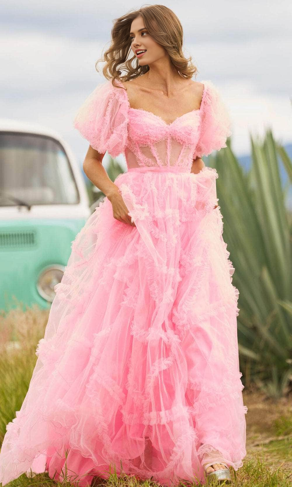 Robe de soirée trapèze à manches courtes bouffantes et volants pour femme 