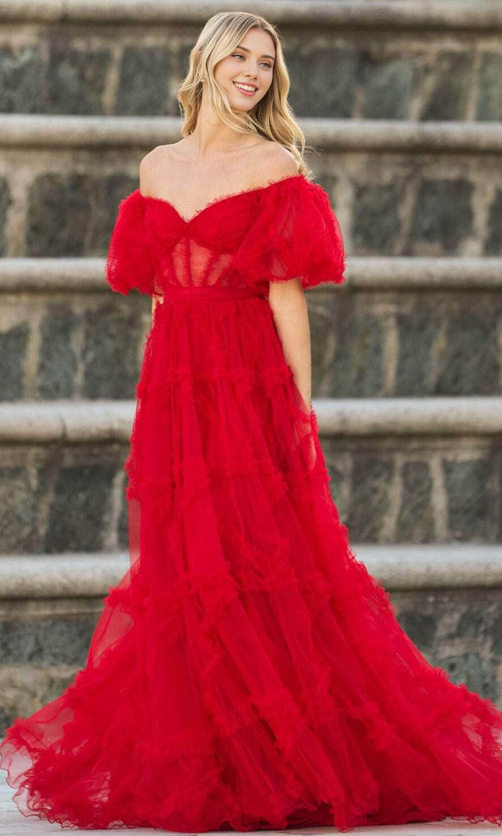 Robe de soirée trapèze à manches courtes bouffantes et volants pour femme 