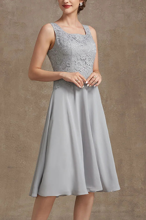 Formal Women's Dresses A-Line Square Neckline Knee-Length Chiffon Lace Mother of the Bride Dress Free Custom Size Mother of the Bride Dress