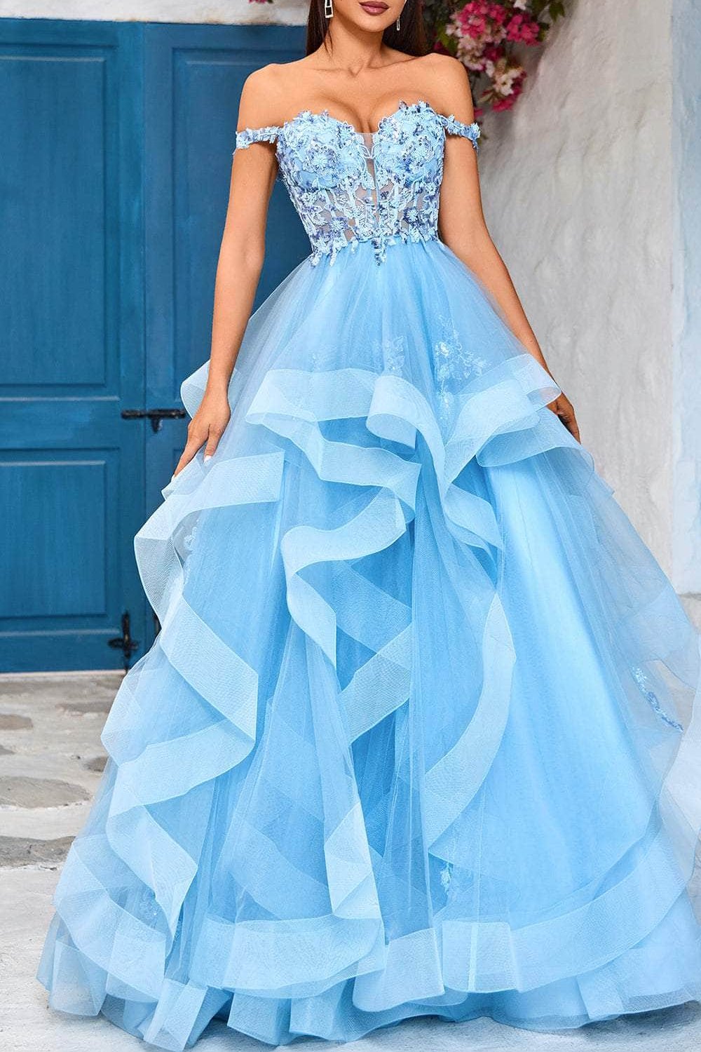 Robes de soirée formelles pour femmes, coupe trapèze/princesse, décolleté en cœur, jupe à volants, épaules dénudées, longueur au sol, dos nu, robes de bal. Boutiques de robes de bal 