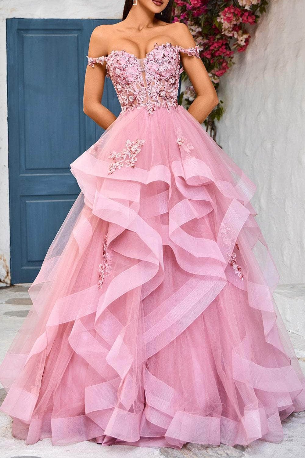 Formal Women's Dresses A-line/Princess Sweetheart Ruffle Skirt Evening Dress Off-the-Shoulder Floor Length Backless Prom Dress Prom Dress Shops