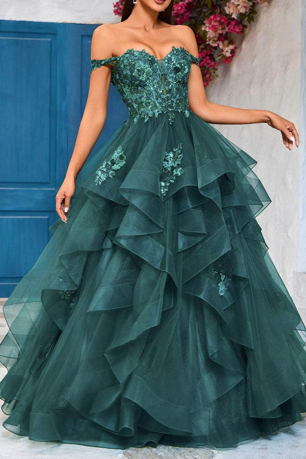 Robes de soirée formelles pour femmes, coupe trapèze/princesse, décolleté en cœur, jupe à volants, épaules dénudées, longueur au sol, dos nu, robes de bal. Boutiques de robes de bal 