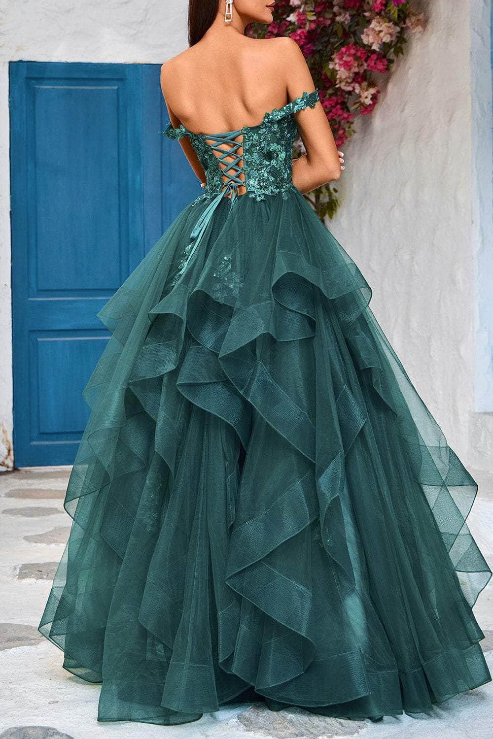 Robes de soirée formelles pour femmes, coupe trapèze/princesse, décolleté en cœur, jupe à volants, épaules dénudées, longueur au sol, dos nu, robes de bal. Boutiques de robes de bal 