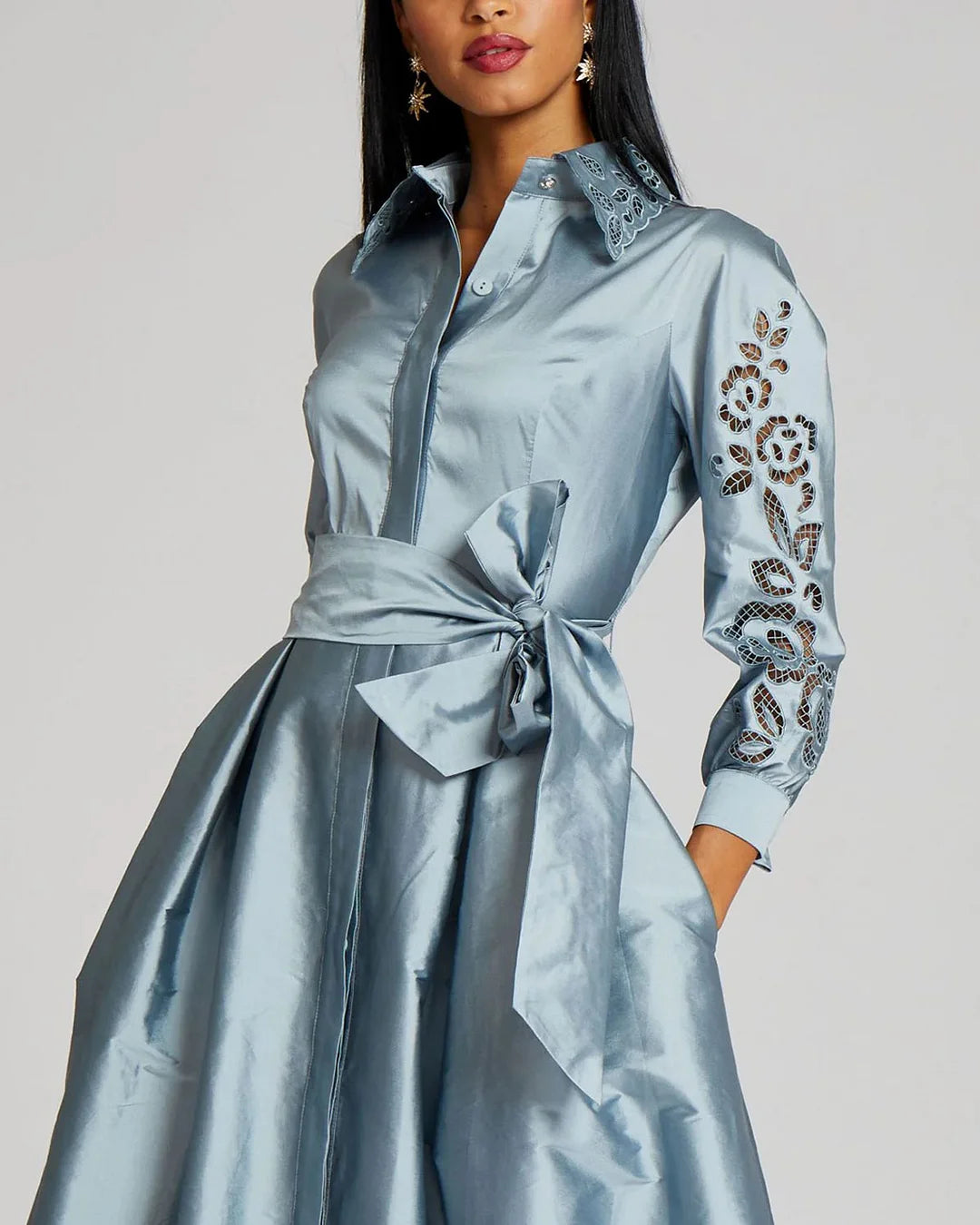 Formal Women's Dresses A-line With Eyelet Long Sleeve and Collar Floor Length Free Custom Size Mother of the Bride Dress