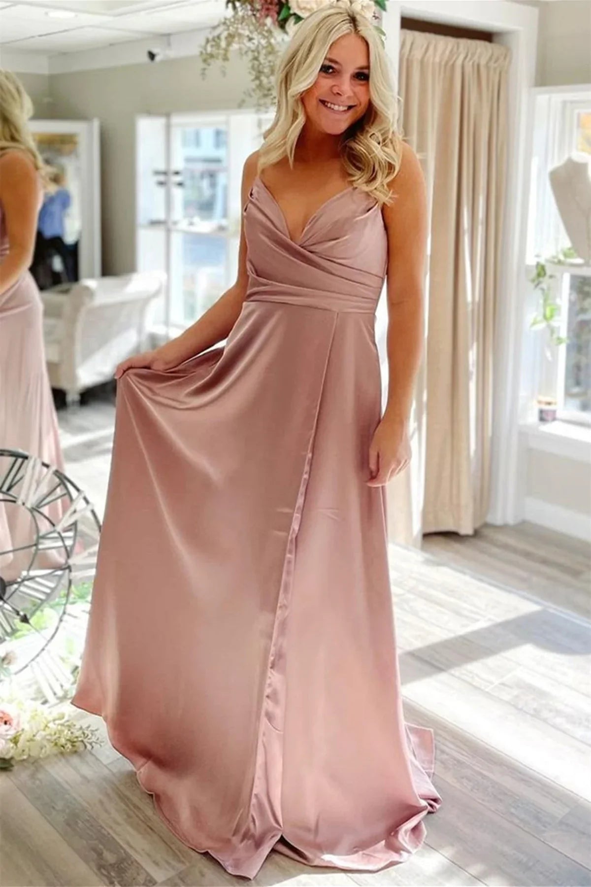 Formal Women's Dresses A Line Long Prom Dresses with Pocket V Neck Red/Pink/Blue Formal Graduation Evening Dresses / Prom Dress Shop