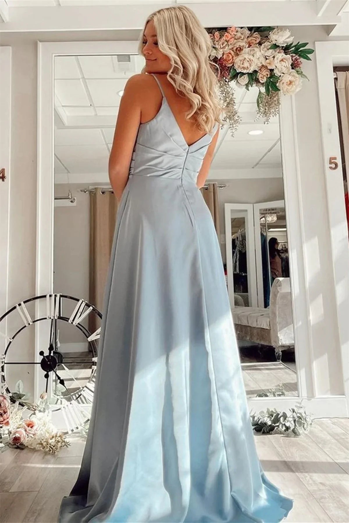 Formal Women's Dresses A Line Long Prom Dresses with Pocket V Neck Red/Pink/Blue Formal Graduation Evening Dresses / Prom Dress Shop