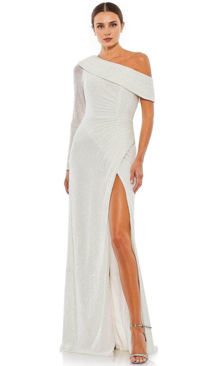 Formal Women's Dresses/ Asymmetrical Neck Pleats Long Sleeve Sequined Sheath High Slit Evening Prom Dress/ Prom Dress In Store