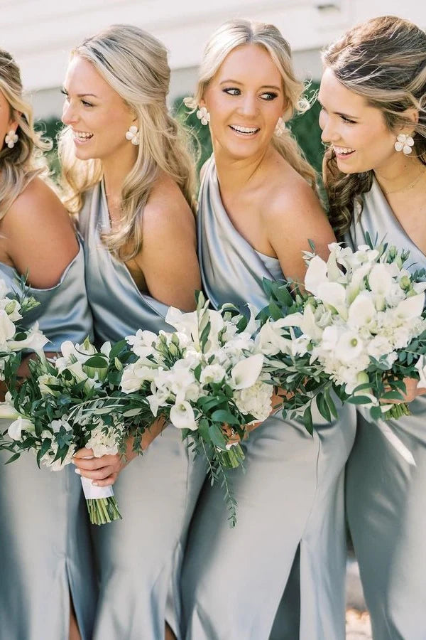 Formal Women's Dresses/Asymmetrical Ruffle Slit Black Bridesmaid Dresses with One Shoulder