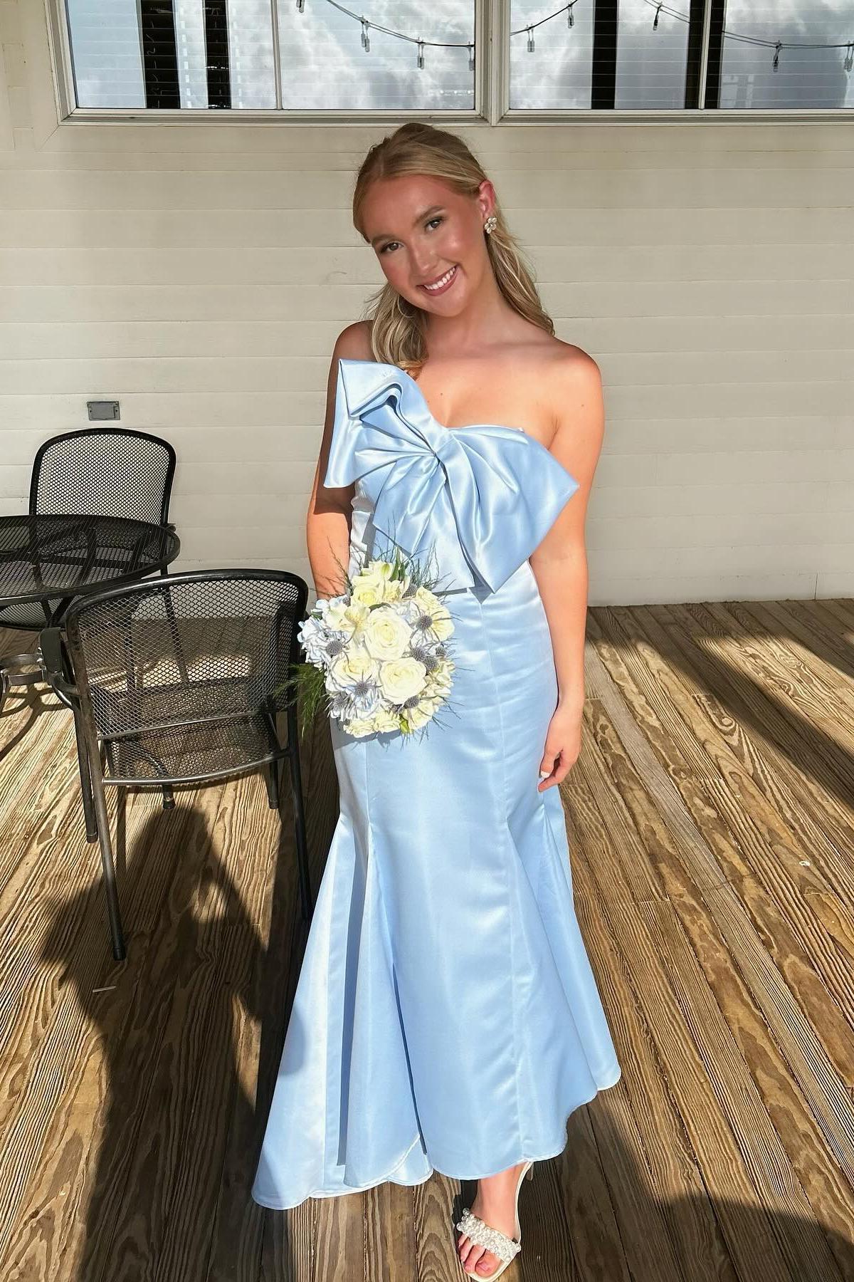 Formal Women's Dresses Backless Strapless Light Blue Bow Mermaid Long Formal Dress Prom Dress Prom Dress In Store