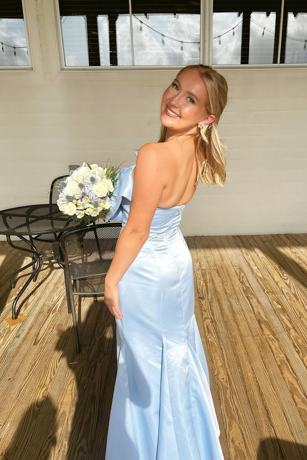 Formal Women's Dresses Backless Strapless Light Blue Bow Mermaid Long Formal Dress Prom Dress Prom Dress In Store