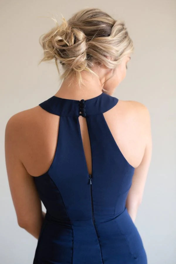 Formal Women's Dresses/Black Hight Neck Chiffon Midi Bridesmaid Dress