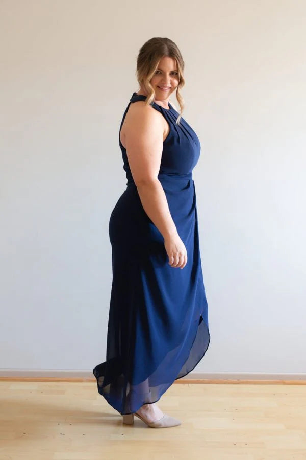 Formal Women's Dresses/Black Hight Neck Chiffon Midi Bridesmaid Dress