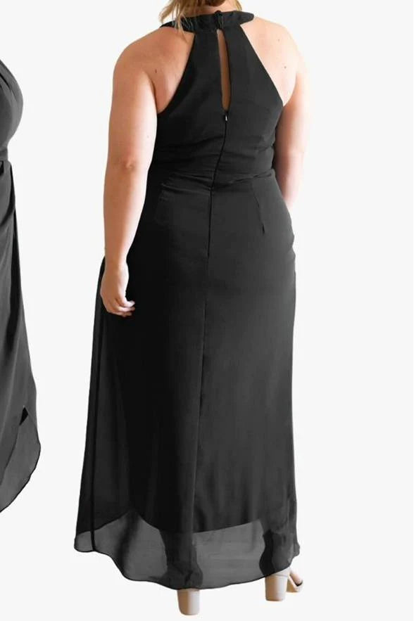 Formal Women's Dresses/Black Hight Neck Chiffon Midi Bridesmaid Dress