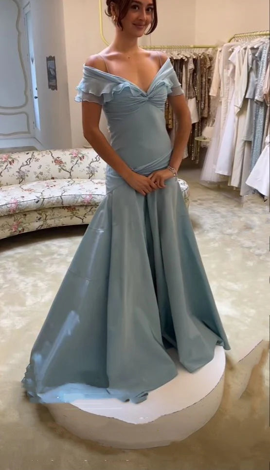 Formal Women's Dresses Blue Elegant Simple Off-shoulder Tulle Long Ball Gown Evening Dress