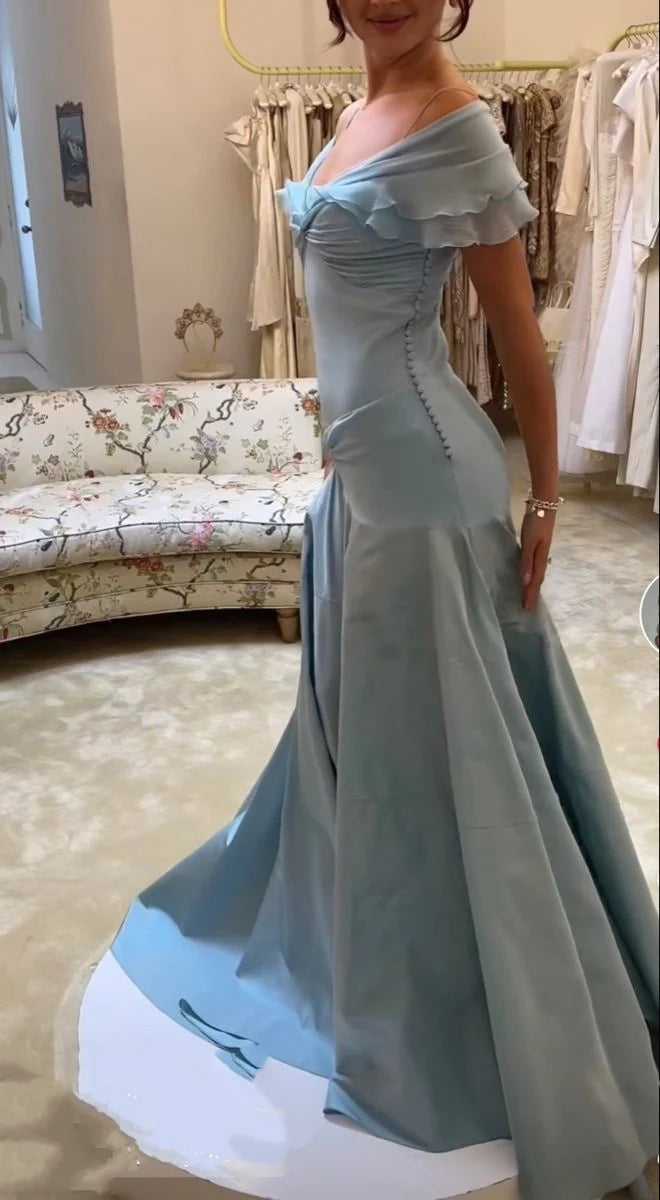 Formal Women's Dresses Blue Elegant Simple Off-shoulder Tulle Long Ball Gown Evening Dress