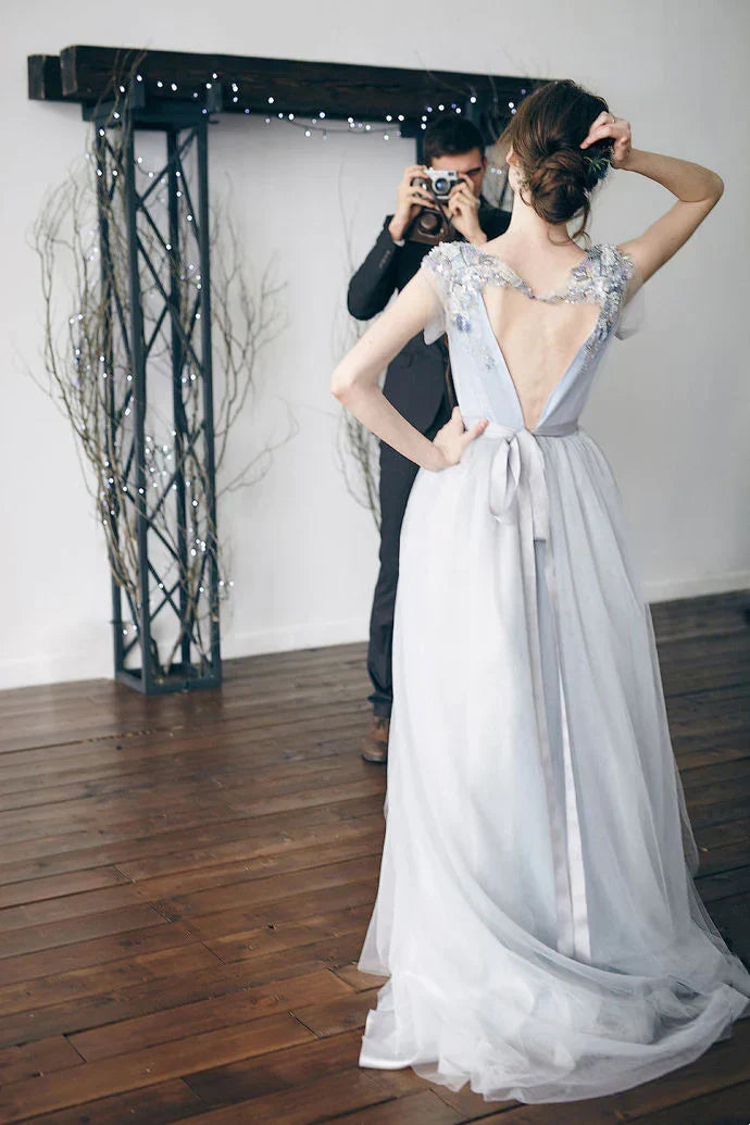 Formal Women's Dresses Blue Elegant Cute A-line Long Prom Dress Backless Beaded Formal Evening Gown
