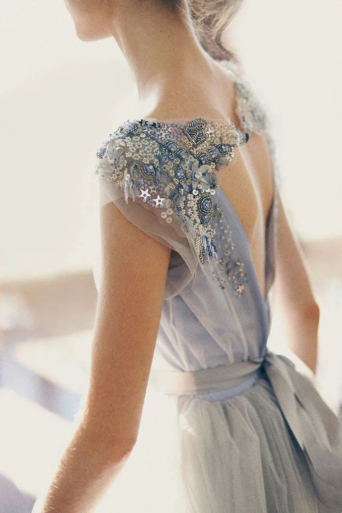 Formal Women's Dresses Blue Elegant Cute A-line Long Prom Dress Backless Beaded Formal Evening Gown