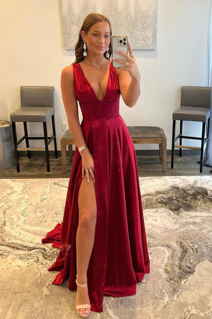 Formal Women's Dresses Burgundy V Neck Lace Long Prom Evening Dress With High Slit / Prom Dress Shop