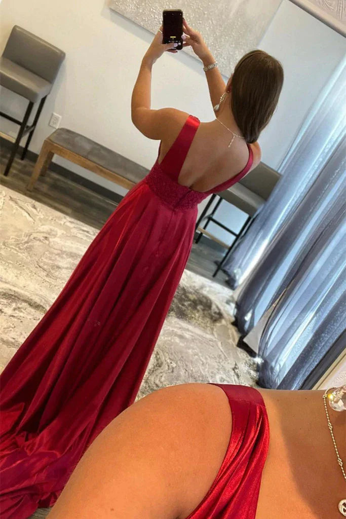 Formal Women's Dresses Burgundy V Neck Lace Long Prom Evening Dress With High Slit / Prom Dress Shop