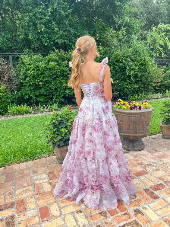 Vestidos formales de mujer de gasa con corte A y estampado floral, vestido de fiesta para graduación de último año 